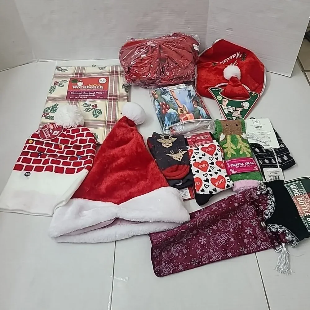 Christmas Holiday Decor Accessories Lot Santa Hats Socks Tablecloth Wine Bag